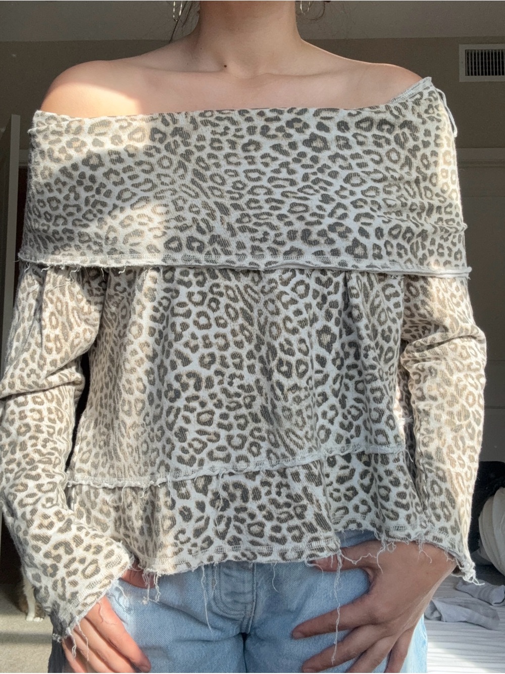 Free People Leopard Print Off-Shoulder Sweater in Taupe & Cream